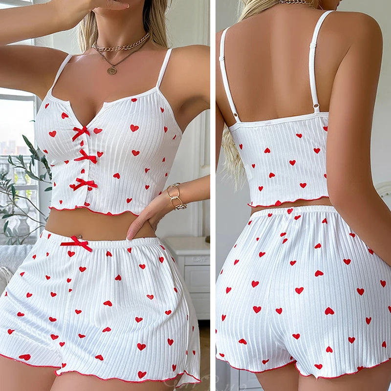 Women's Heart Print Frill Trim Cami Top & Shorts Loungewear | Soft Ribbed Pajama Set