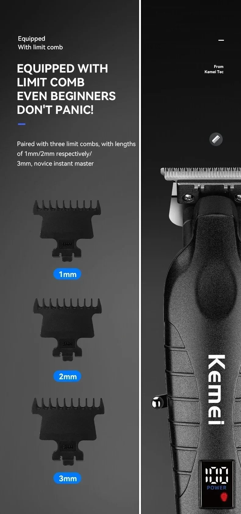 Kemei Professional Hair Clipper & Beard Trimmer – LCD Display, Wet/Dry, USB Fast Charge