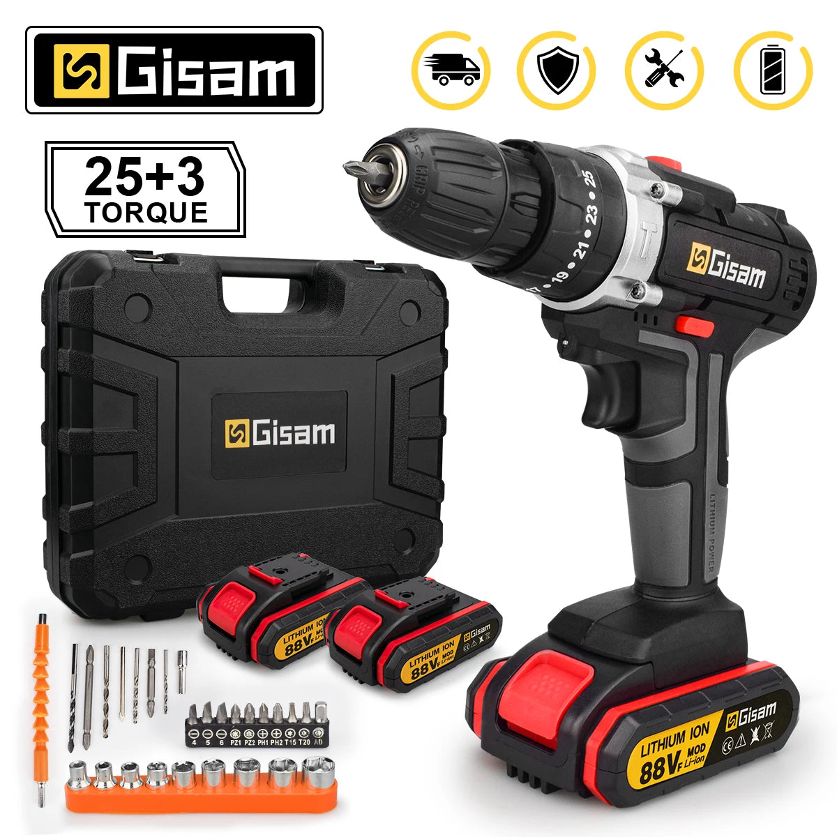 21V Cordless Impact Drill — 25+3 Torque Settings, LED Light & Drill Bits Set Included