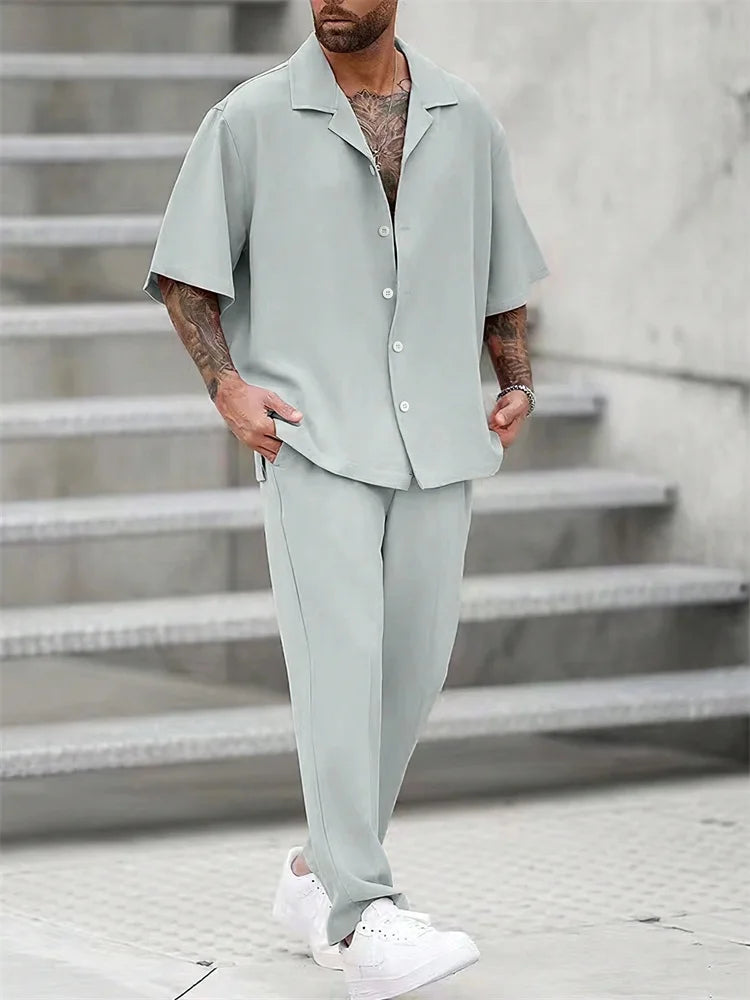 Men's 3D Striped Print Lapel Shirt & Shorts Casual Set – Autumn Outdoor 2-Piece