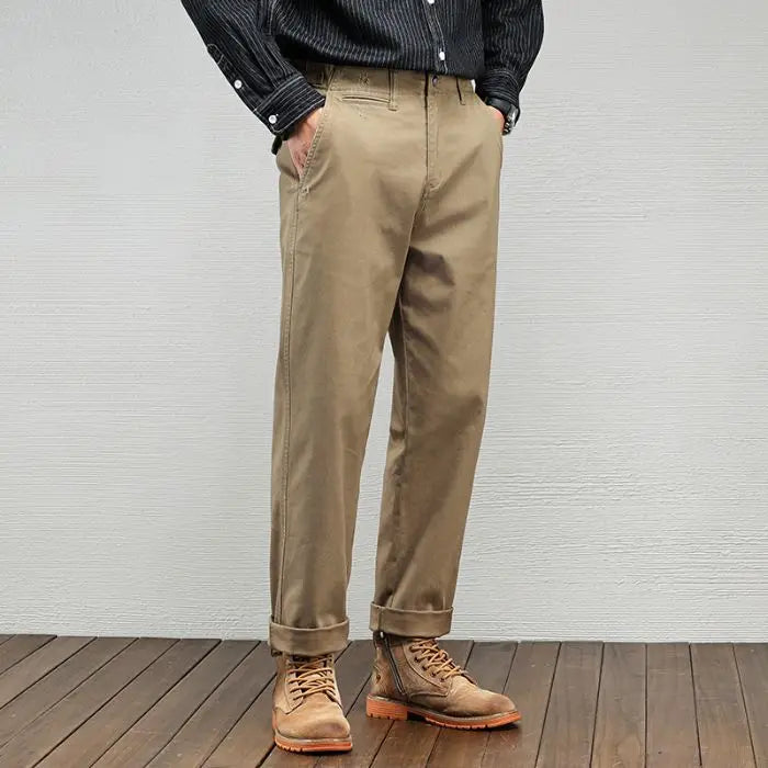 Men's Vintage Straight Leg Cotton Workwear Trousers — Loose Fit Retro Pants for Autumn & Winter