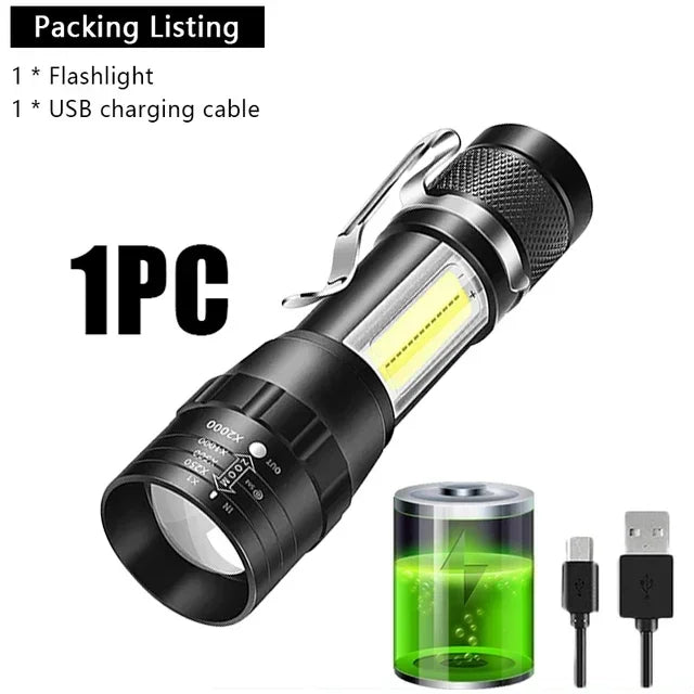 COB+XPE Mini Zoomable Flashlight – 350 Lumen, 3-Mode, USB Rechargeable, Pen Clip, Waterproof Camping Torch