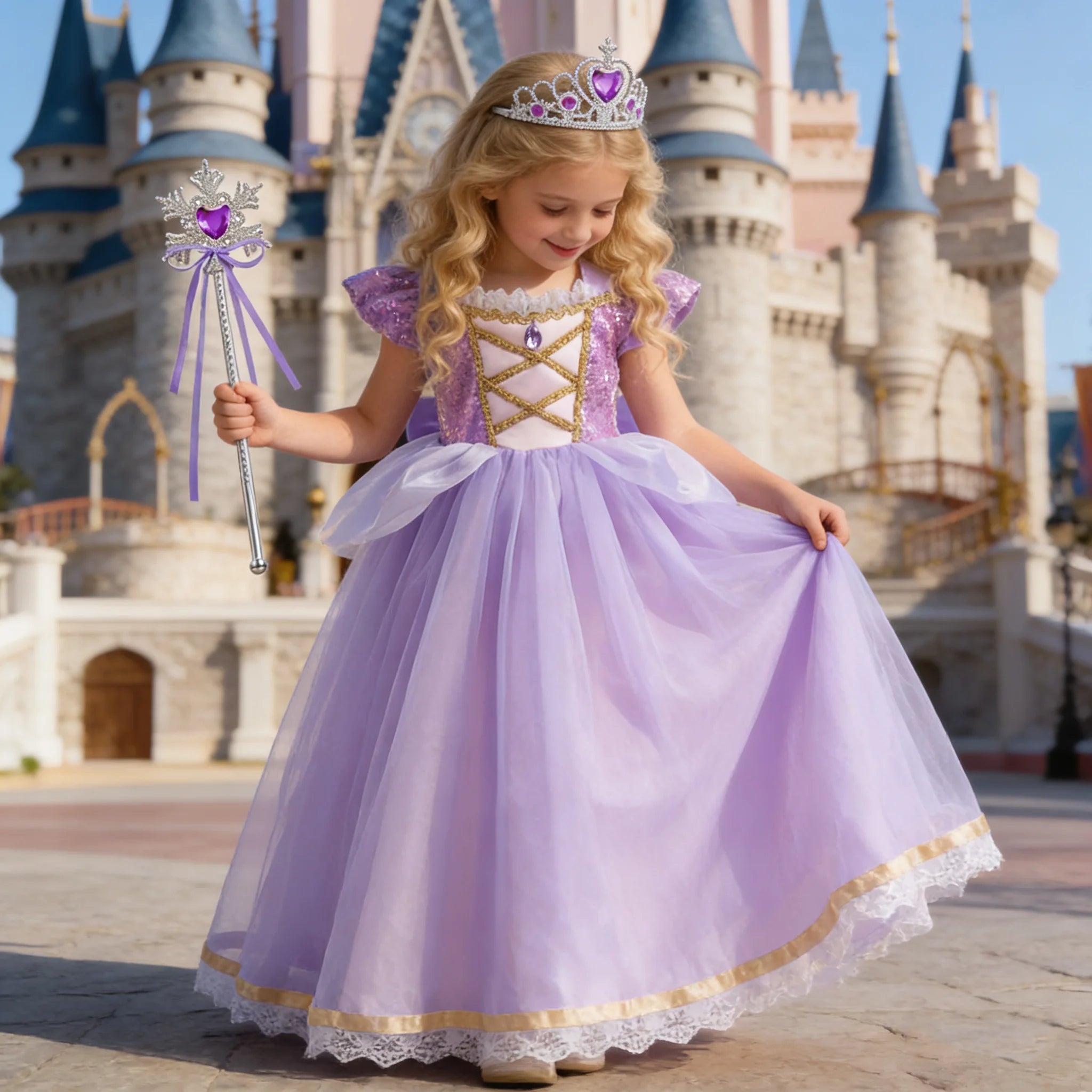 Girls Rapunzel Princess Costume Dress — Purple Puffy Halloween & Birthday Party Dress