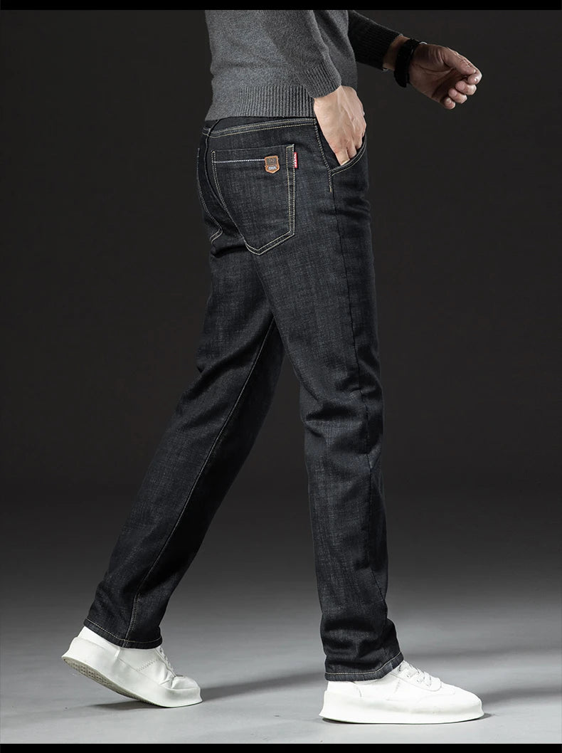 Men's Fleece-Lined Straight Denim Jeans — Warm Thick Winter Stretch Jeans