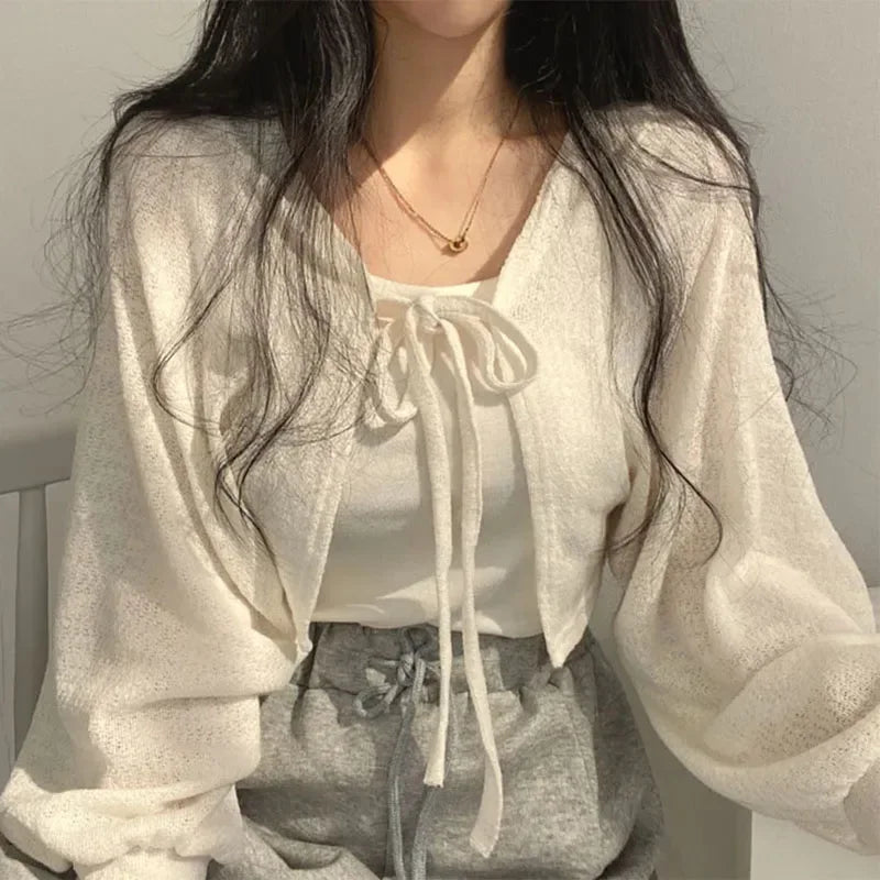 Women's Knitted Cardigan – Thin Lace-Up Lantern Sleeve Short Coat in White, Black & Gray