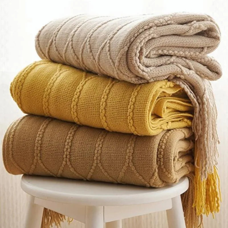 Knitted Acrylic Throw Blanket with Tassels – Chunky Farmhouse Style, 28 Colors & 2 Sizes