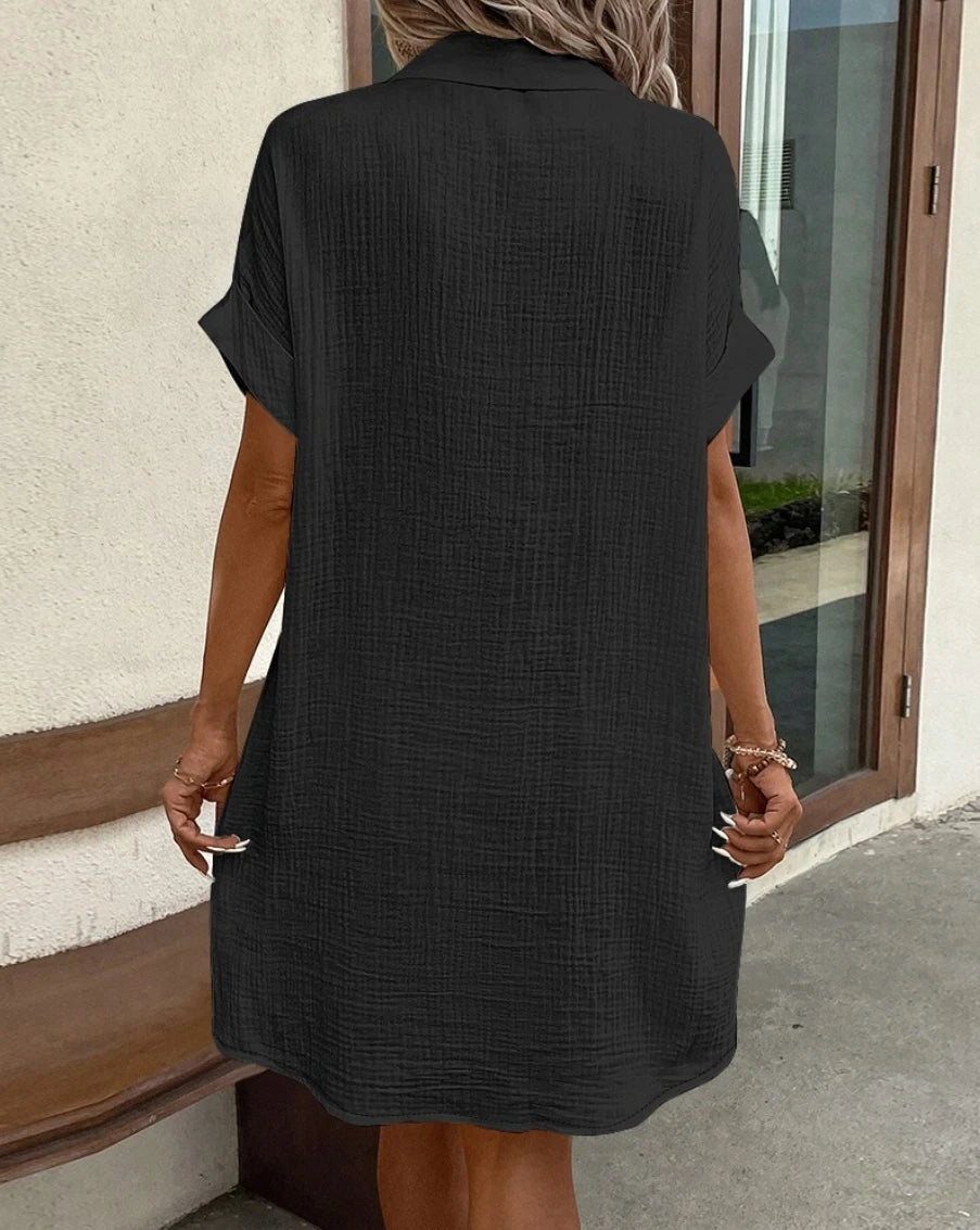 V-Neck Cotton Linen Mini Dress — Three-Quarter Sleeve Casual Holiday Dress