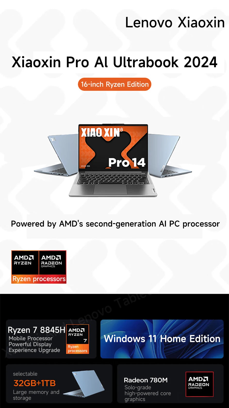 Lenovo Xiaoxin Pro14 2024 – 14" 2.8K 120Hz OLED, AMD Ryzen 7 8845H, Up to 32GB LPDDR5, 2TB PCIe 4.0 SSD