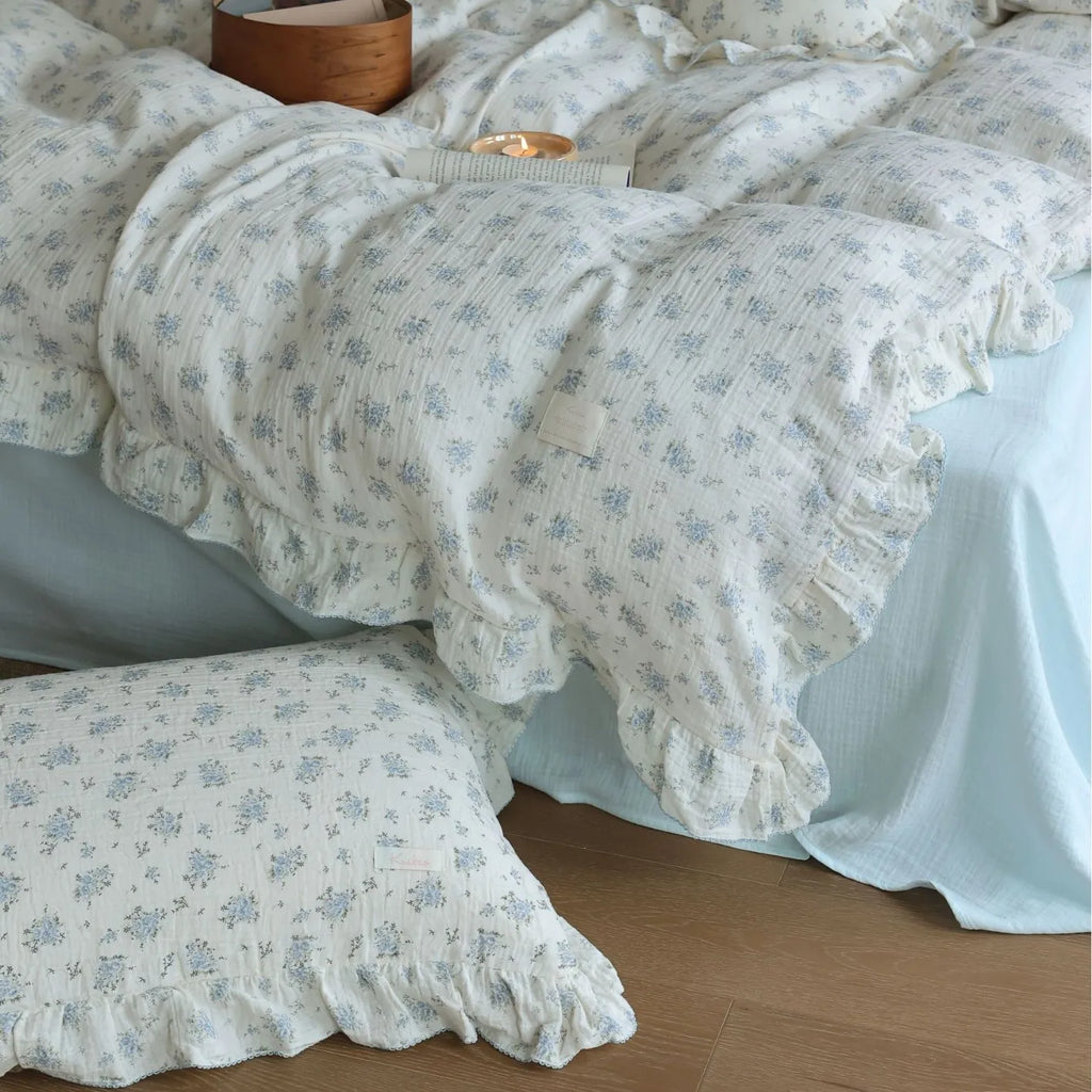 Princess Ruffle Bedding Set – 100% Cotton Gauze Duvet Cover with Pillowcases, Floral, 3-Piece