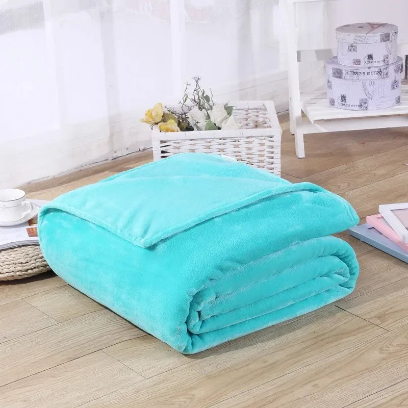 Coral Fleece Flannel Blanket – Solid Blue & Pink Soft Warm Bedspread & Sofa Cover