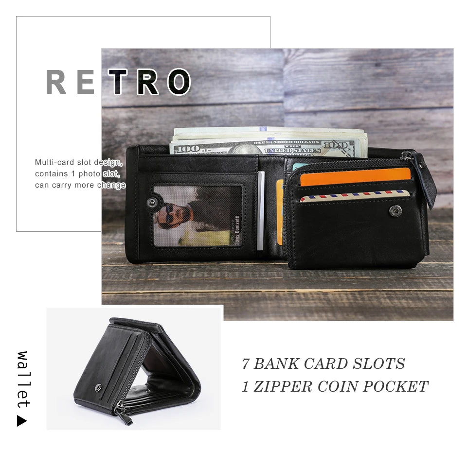 Genuine Cowhide Leather Men's Trifold Wallet – Vintage Crazy Horse Leather Zip Coin Pocket Purse