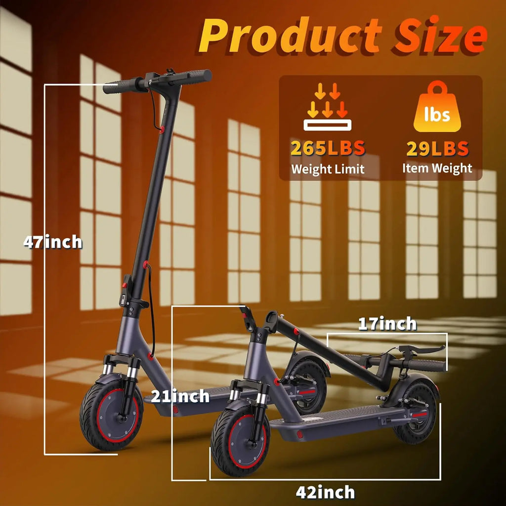 Electric scooter dimensions showing folded and upright size, weight and rider weight limit.