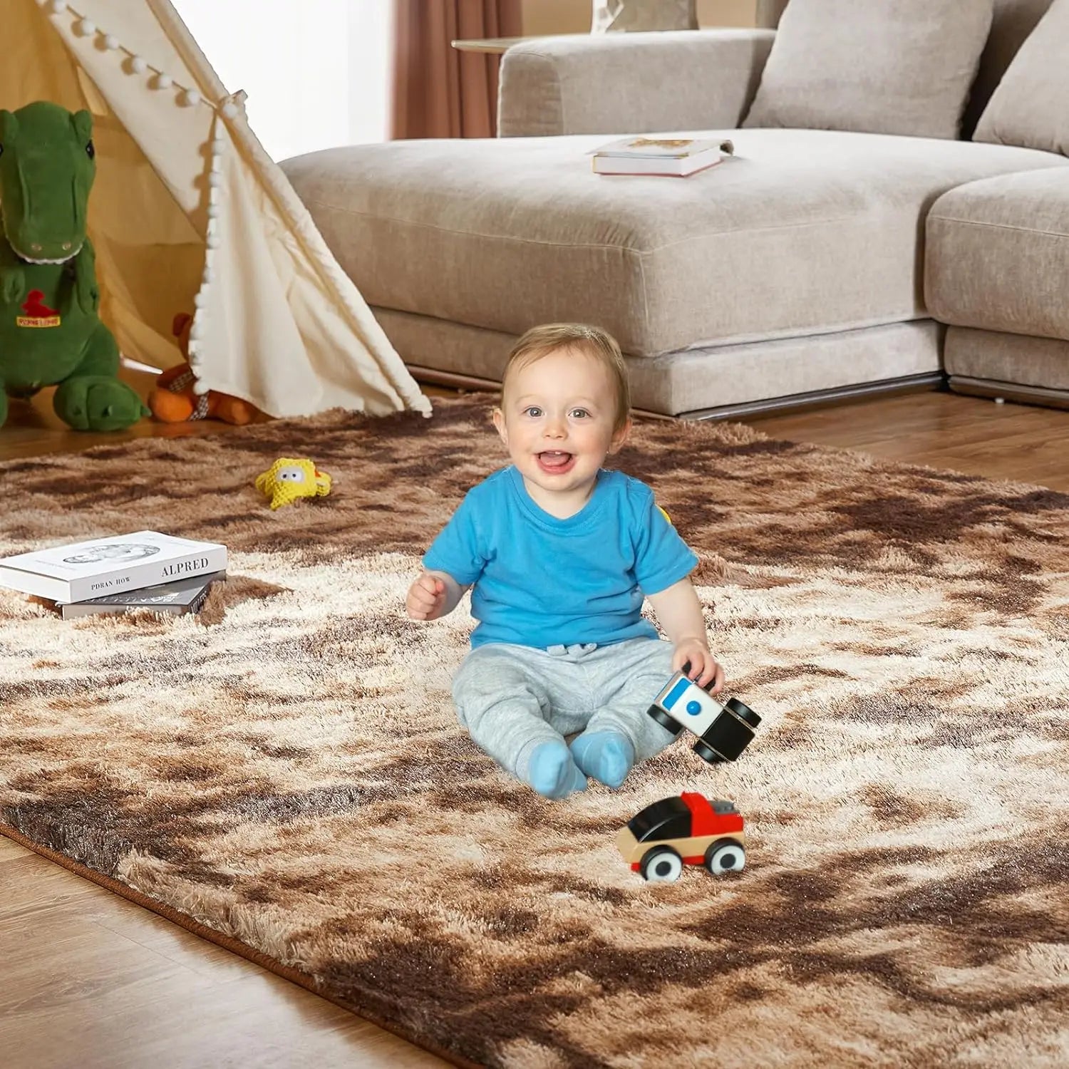 VIKAMA Tie-Dye Plush Carpet — Soft Fluffy Non-Slip Area Rug for Living Room, Kids Room & Baby Crawling