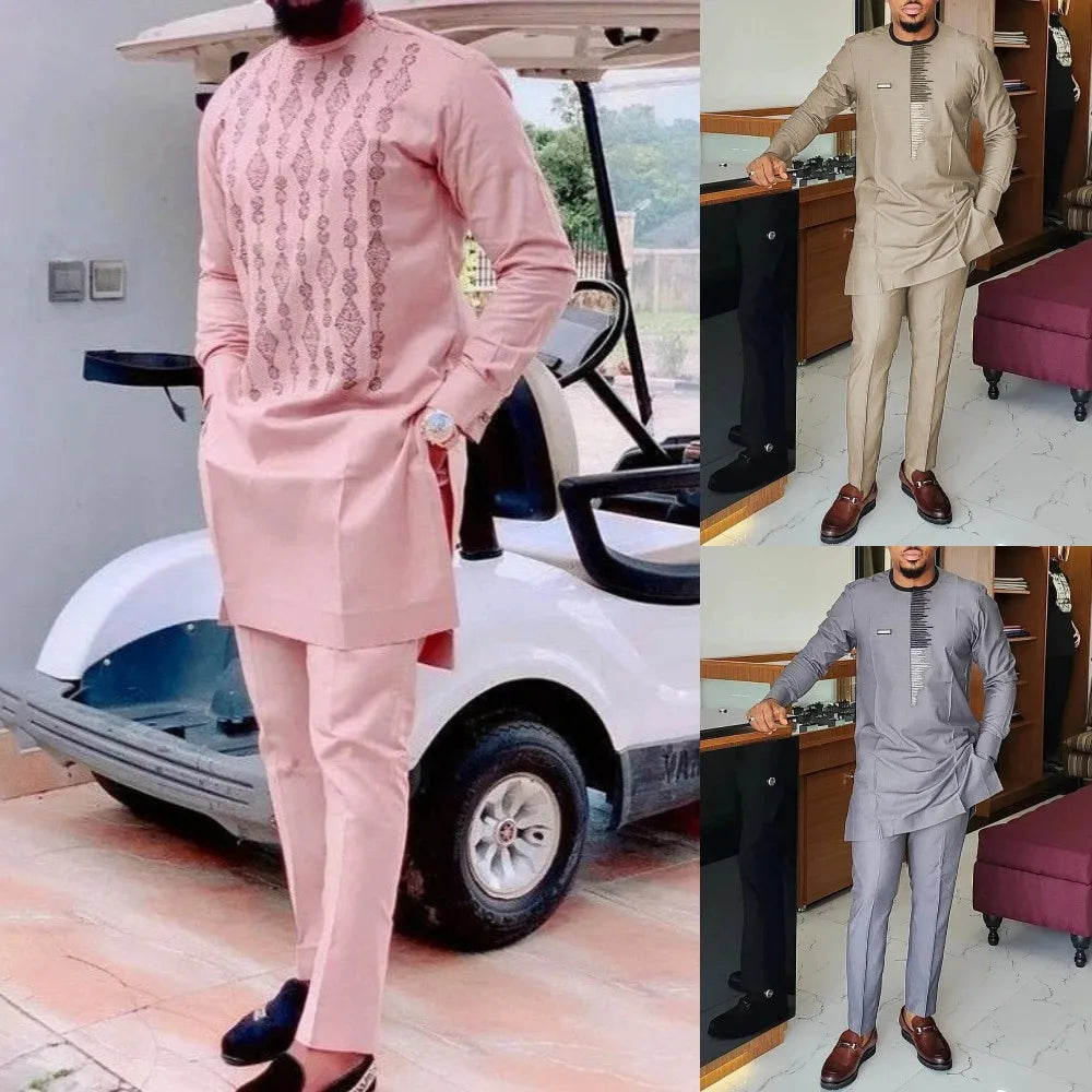 Men's Geometric Print Long Sleeve Top & Drawstring Pants Two-Piece Suit