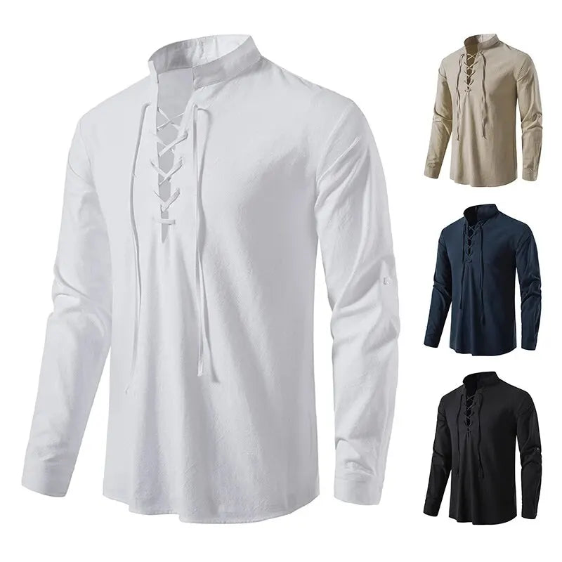 Men's Cotton Linen Drawstring Long Sleeve Shirt — Vintage Casual US Size Top