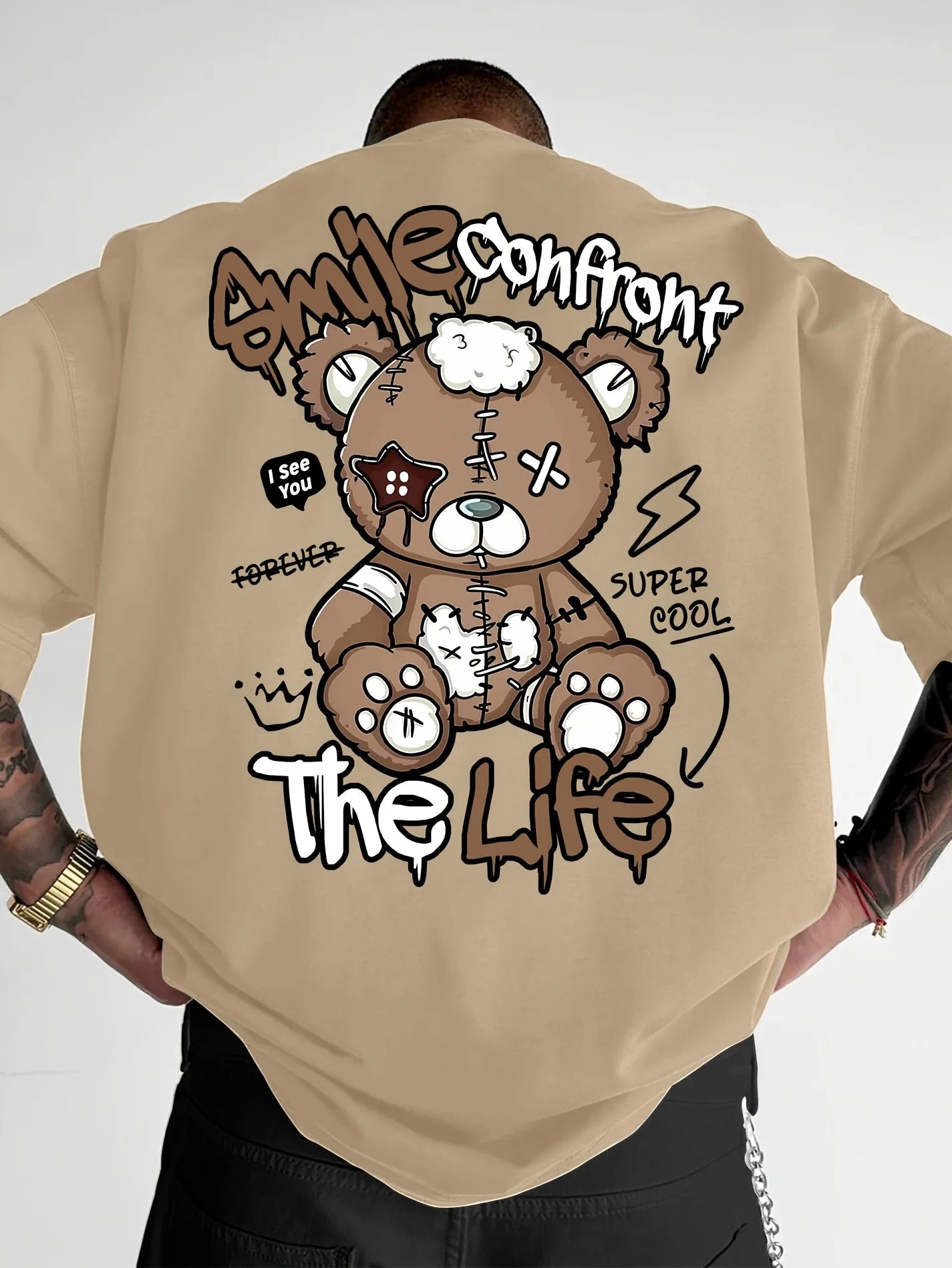 Men's Teddy Bear Letter Print T-Shirt — Breathable High Street Summer Tee