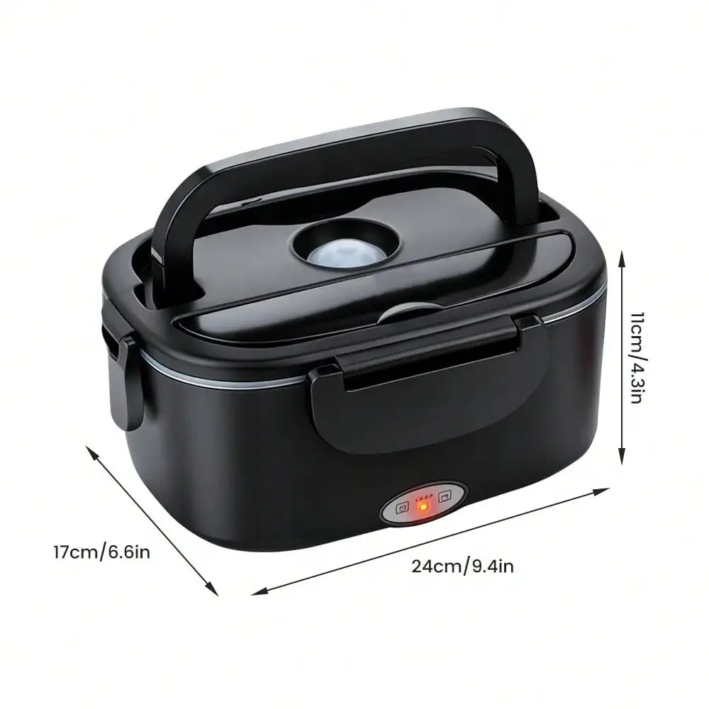 Black electric lunch box with handle, shown with dimension arrows and labels indicating 24cm/9.4in width, 17cm/6.