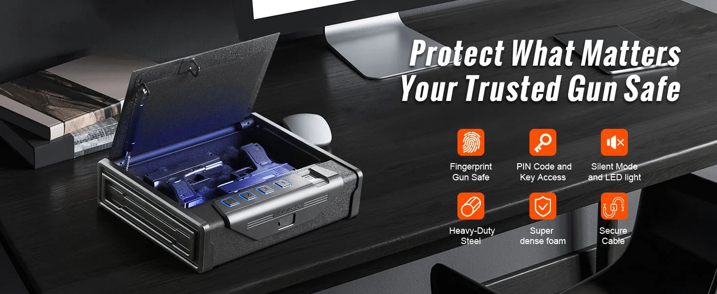 SucceBuy Pistol Safe — Q235 Steel, 3-Way Quick Access, Biometric Fingerprint, LED, Silent Mode
