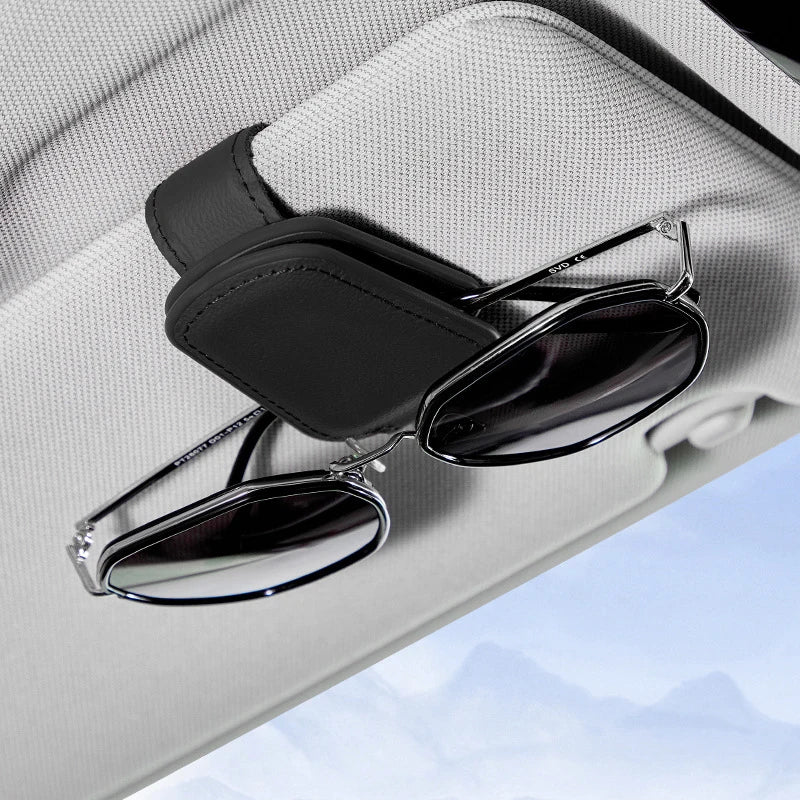 Black PU Leather Car Sunglasses Clip | Magnetic Sun Visor Storage Holder for Glasses & Cards