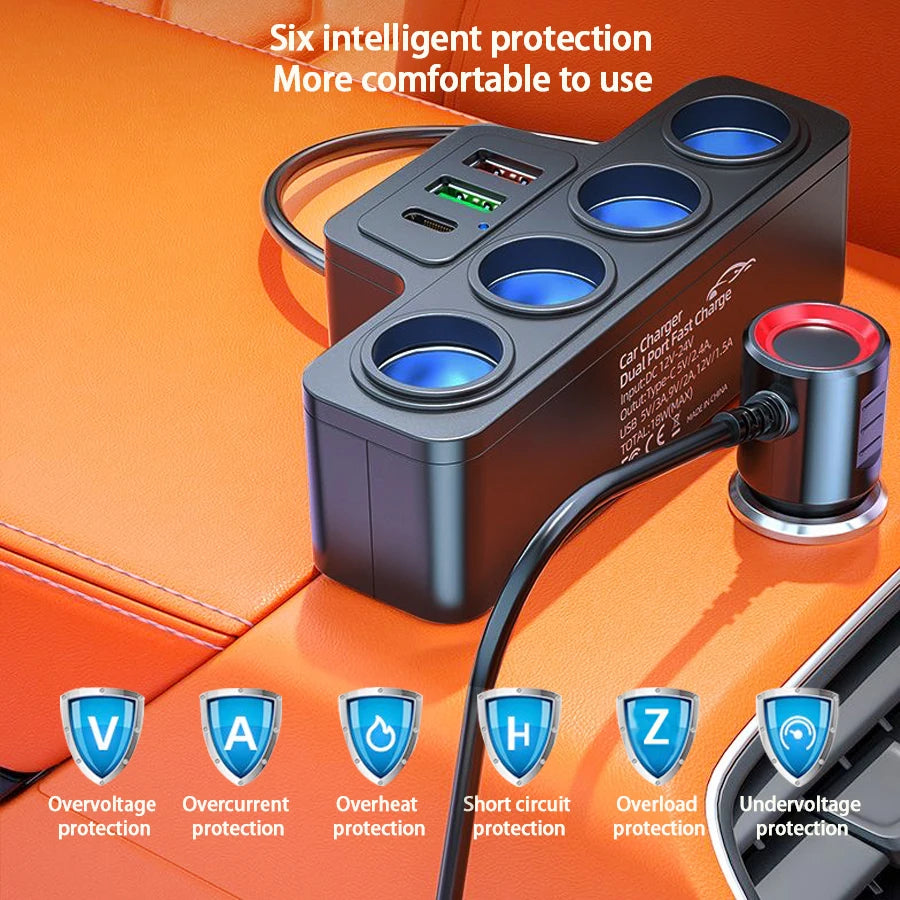 120W Multi-Function USB & Type-C Fast Charging Car Charger – 4-Port Multi-Device Charger