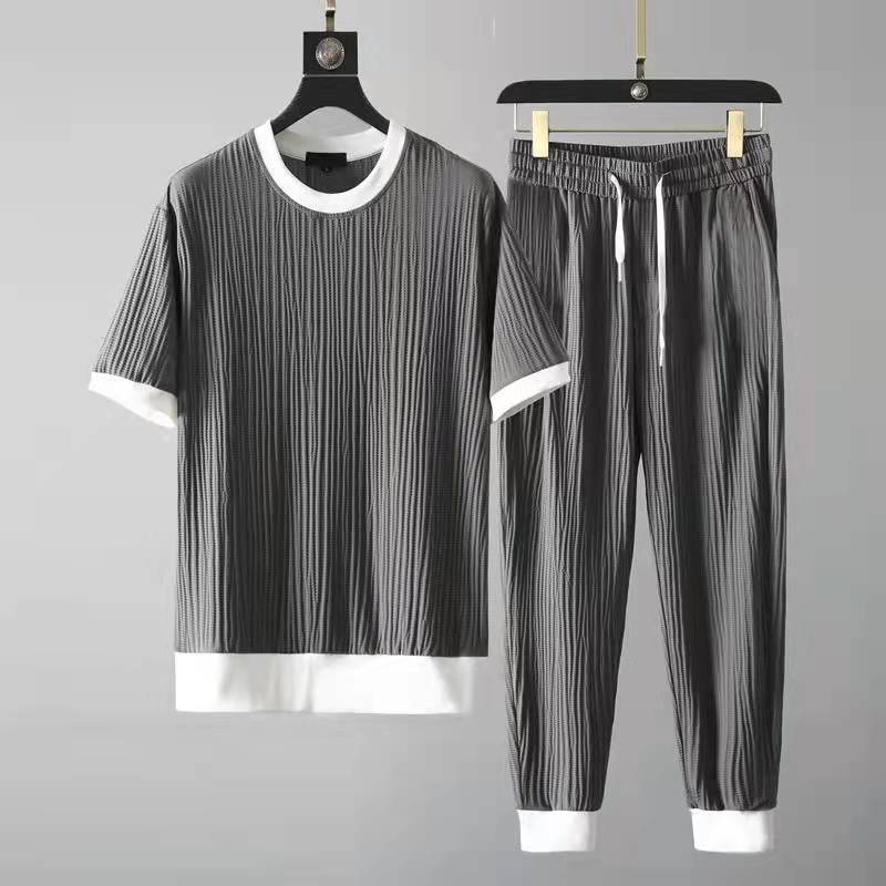 Men's Elastic Pleated Short-Sleeve & Nine-Point Pants Set – Breathable Summer Suit