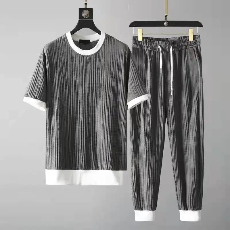 Men's Elastic Pleated Short-Sleeve & Nine-Point Pants Set – Breathable Summer Suit