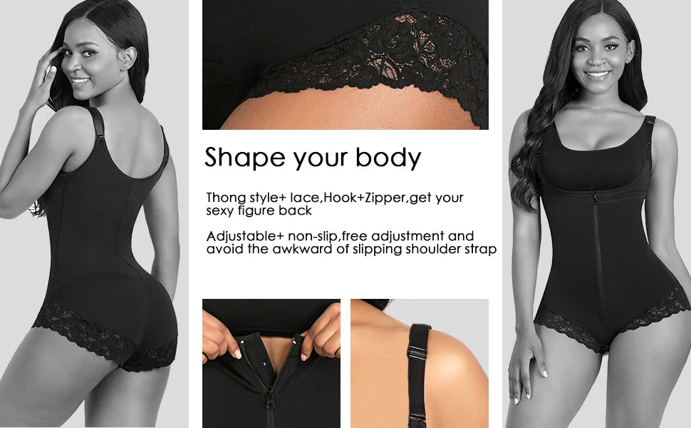 Fitneed Colombian Bodysuit Shaper – Medium Control, Lace Detail, Waist & Tummy, XS–XXXL, Beige & Black