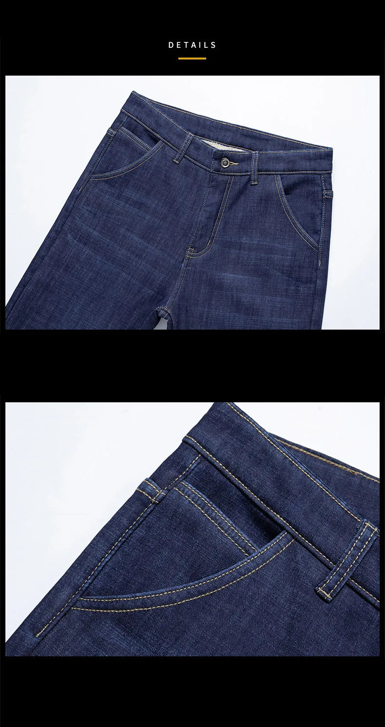 Men's Fleece-Lined Straight Denim Jeans — Warm Thick Winter Stretch Jeans