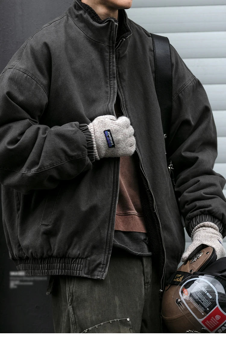 Men's Vintage Polar Fleece Jacket — Korean Streetwear Loose Warm Coat