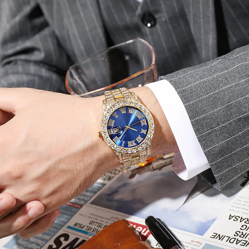 Men's Classic Golden Roman Rhinestone Quartz Watch | Steel Strap Calendar Fashion Wristwatch