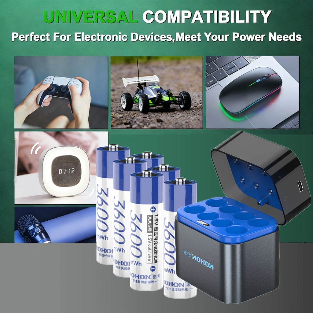 NOHON 1.5V Li-ion Rechargeable AA/AAA Batteries – 3600mWh High Capacity Long Lasting with Battery Charger
