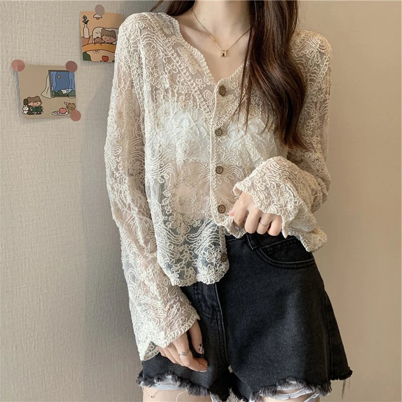 Women's Vintage Sheer Lace Blouse – Long Sleeve See-Through Sun Shirt Korean Style Casual Top