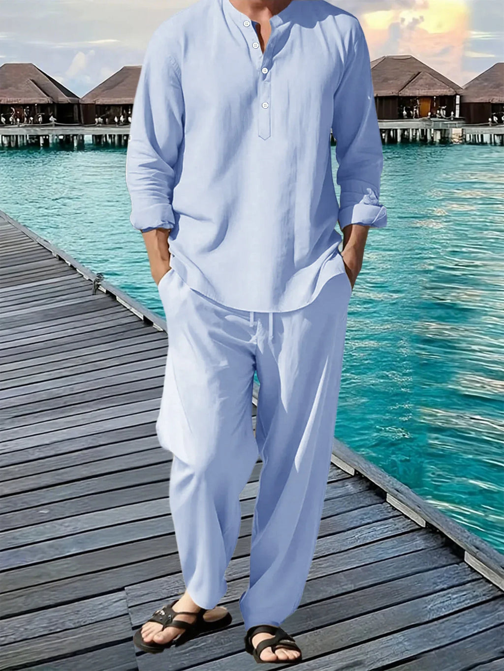 Men's Hawaiian Beach Shirt & Loose Jogger Pants Set – Breathable Vacation Casual Long Sleeve Suit