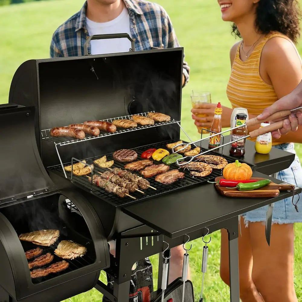 Large 824 Sq. In. Charcoal Grill with Offset Smoker | Tool Hooks, Bottom Shelf, Adjustable Charcoal Pan, Molded Wheels