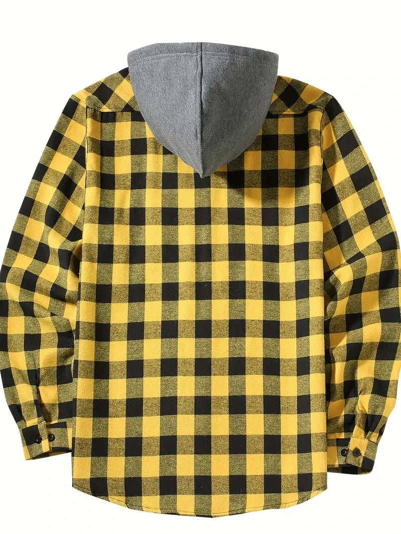 Men's Hooded Plaid Shirt Jacket – Casual Long-Sleeve Layer