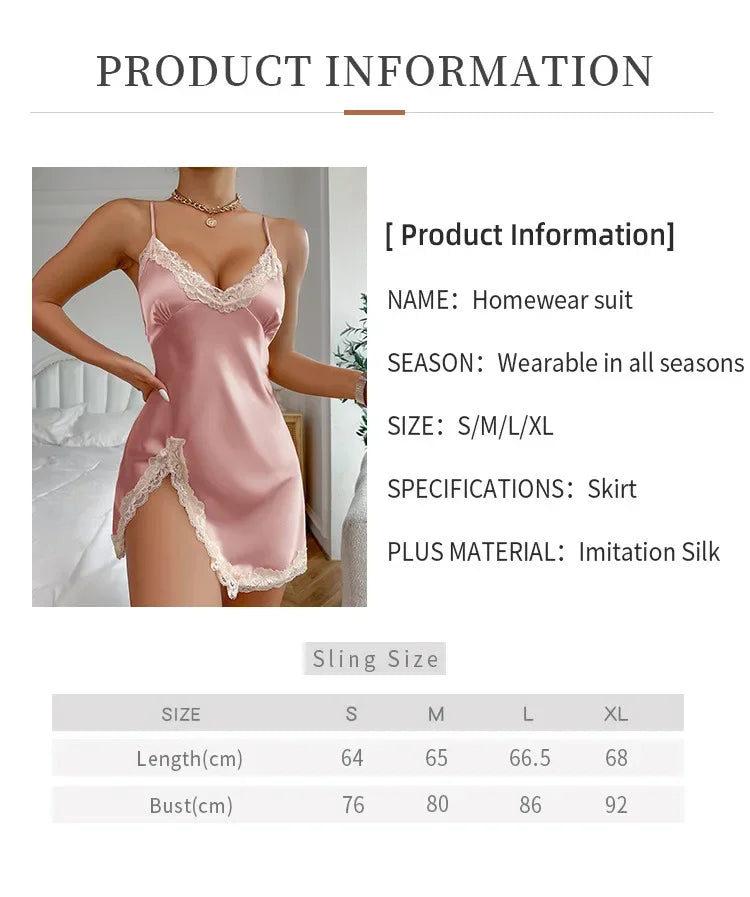 Contrast Lace Satin Nightdress — Deep V Backless Lace-Up Slip Sleep Dress