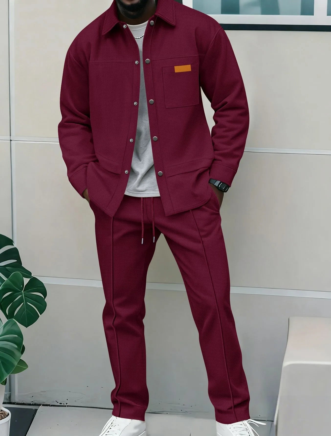 Men's Waffle Knit Button-Down Long Sleeve Jacket & Pants Set – Plain Color Casual Suit