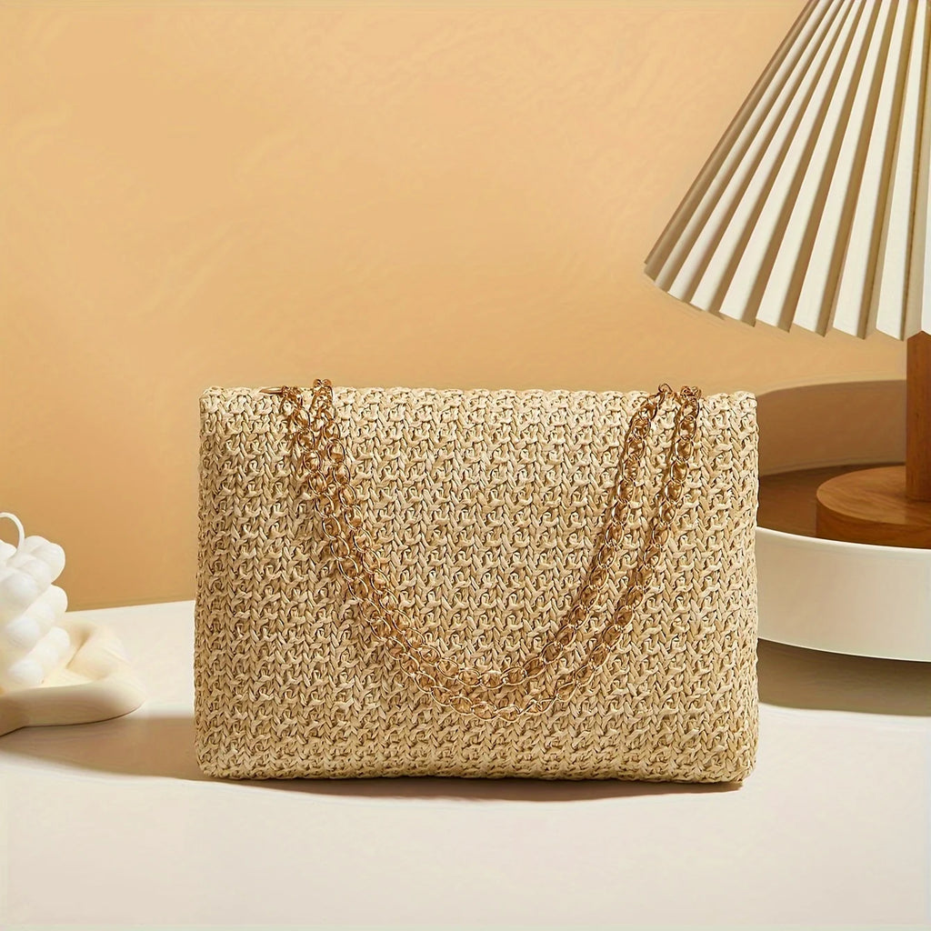 Woven Straw Shoulder Bag – Handwoven Crossbody Purse with Lock Closure for Women