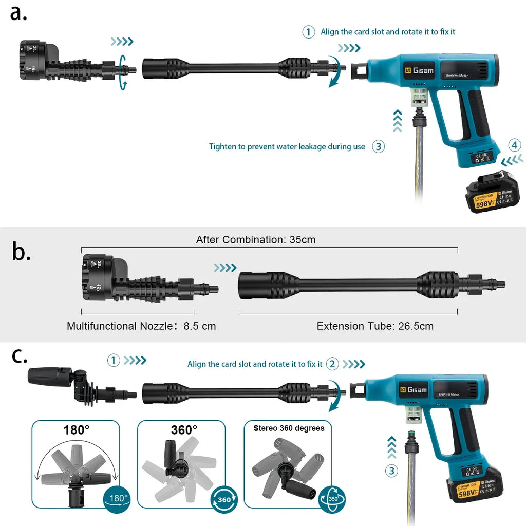 250 Bar Brushless Electric Pressure Washer Gun – 4-Speed Digital, 7L/min, Makita 18V Compatible, Foam Cannon Kit