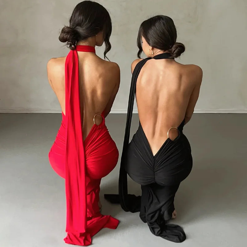 Backless Ruched Slim Bodycon Maxi Dress — Elegant Formal Wedding Guest Evening Dress
