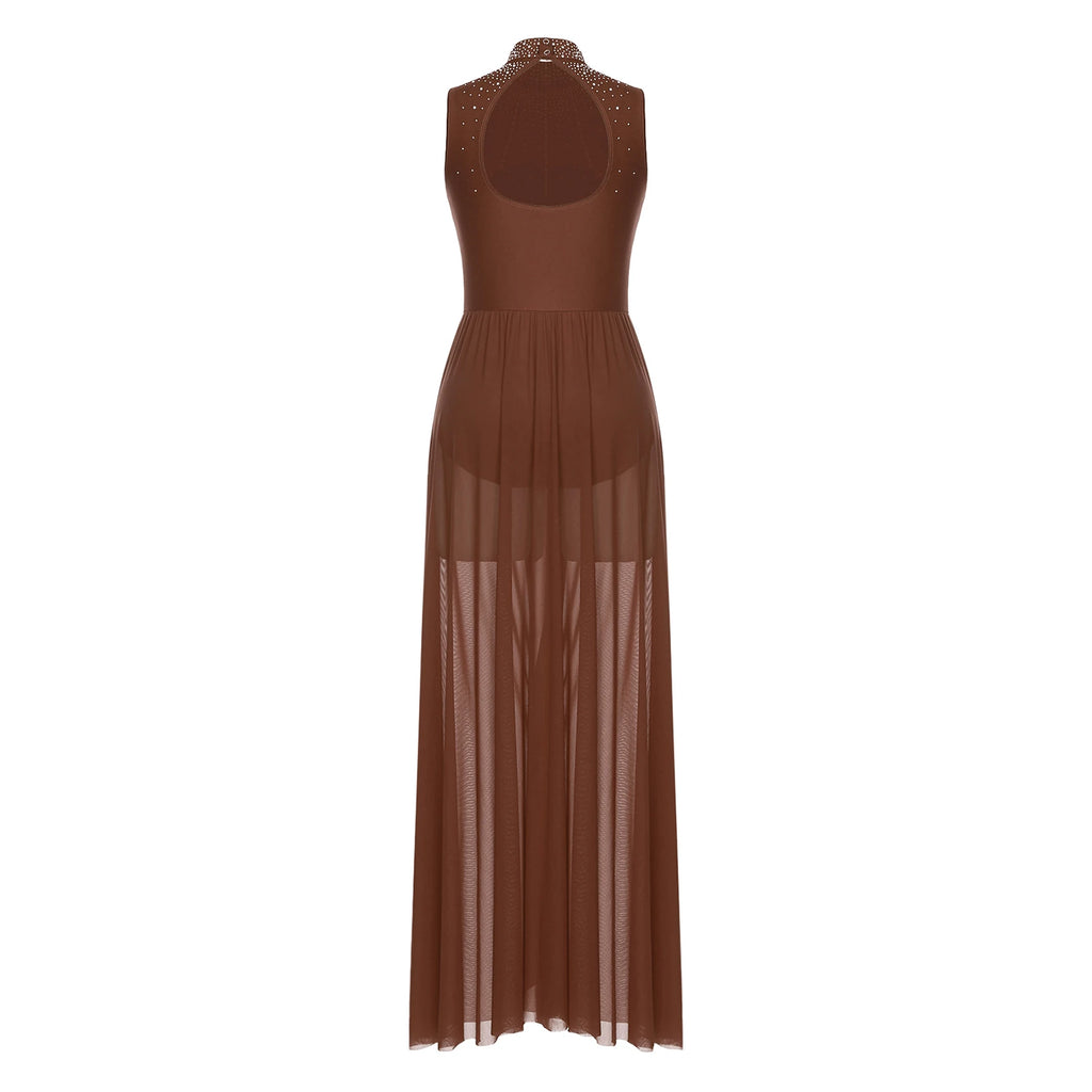 Rhinestone Maxi Sleeveless Contemporary Dance Dress — Mock Neck Wide Hemline Lyrical Leotard