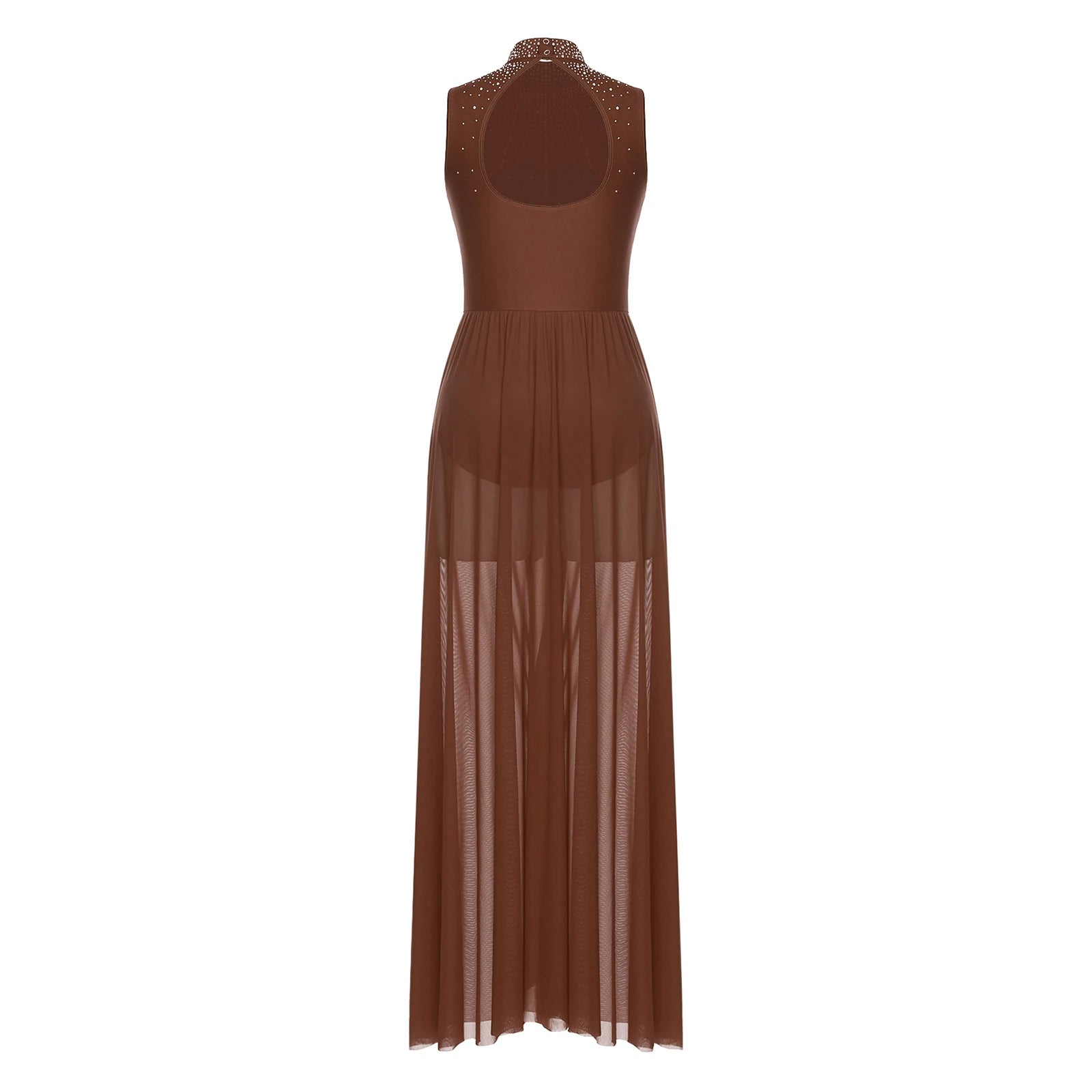 Rhinestone Maxi Sleeveless Contemporary Dance Dress — Mock Neck Wide Hemline Lyrical Leotard