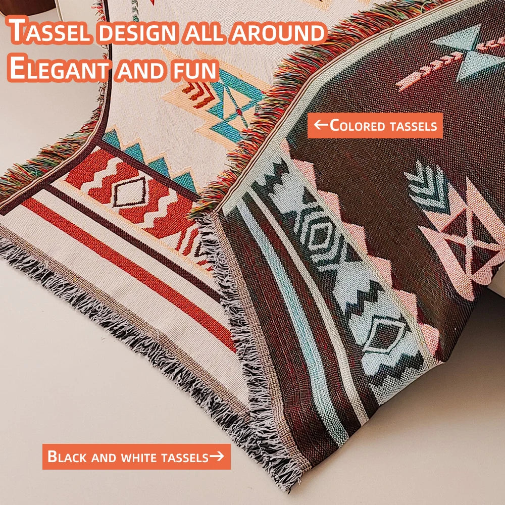 Aztec Boho Throw Blanket with Fringe – Oversized Southwestern Geometric Tapestry, Double-Sided Woven