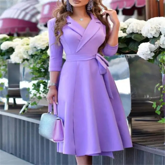 Women's Floral Printed Dress Turn-down Collar Ladies Fashion Elegant  Midi Dresses Vestidos Femenino Платье Женское Вечернее