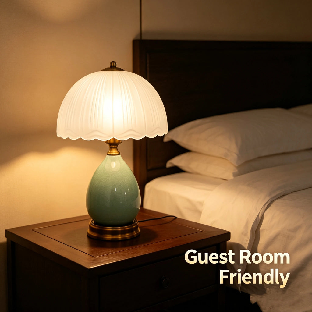 Green Ceramic Table Lamp – Scalloped Glass Shade