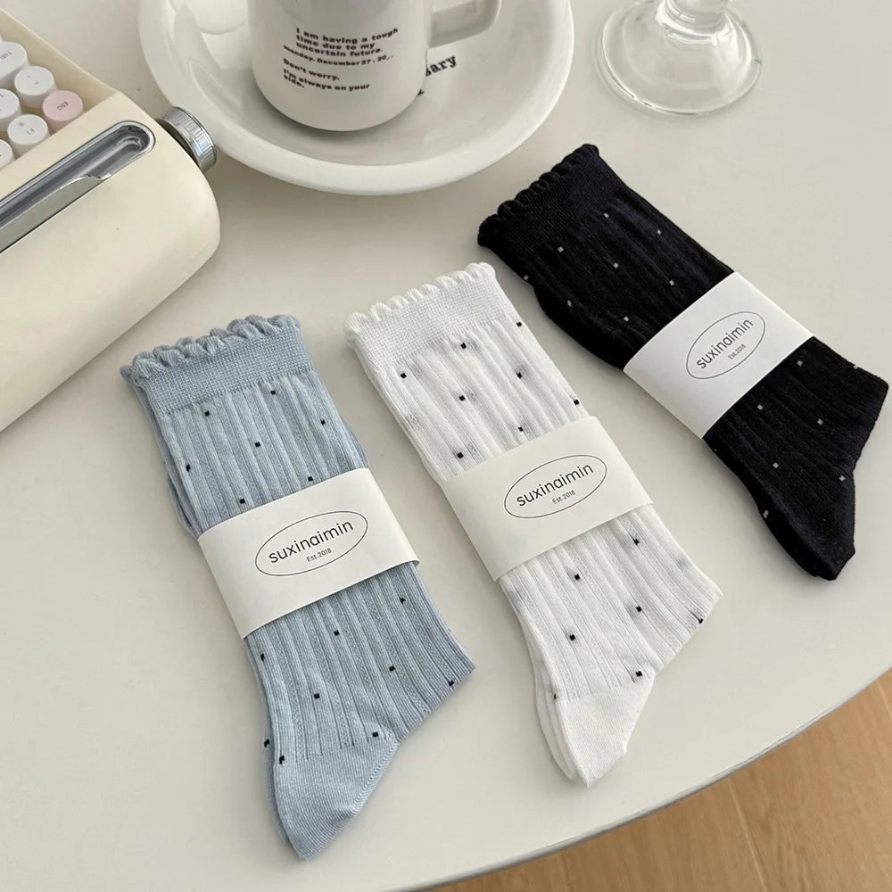 Women's Polka-Dot Crew Socks – Thin Cotton Blend