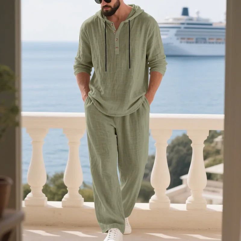Men's Linen Casual Loose Hooded Henley Shirt & Long Pants Set – Relaxed Autumn 2-Piece Suit
