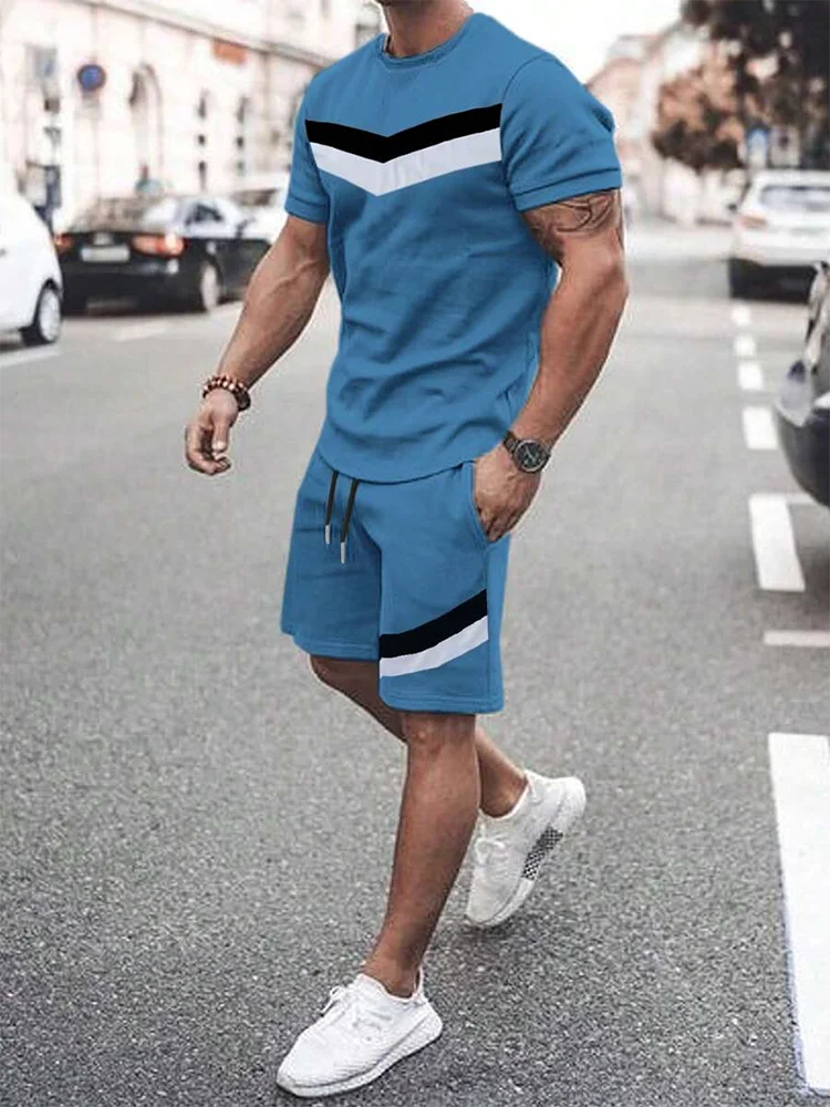 Men's Pattern Print Short Sleeve T-Shirt & Elastic Waist Sports Shorts 2-Piece Set