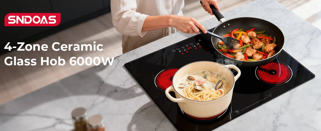 6000W 4-Zone Ceramic Induction Hob – 60cm Black Glass, Touch Control, 9 Power Levels, Timer & Child Lock