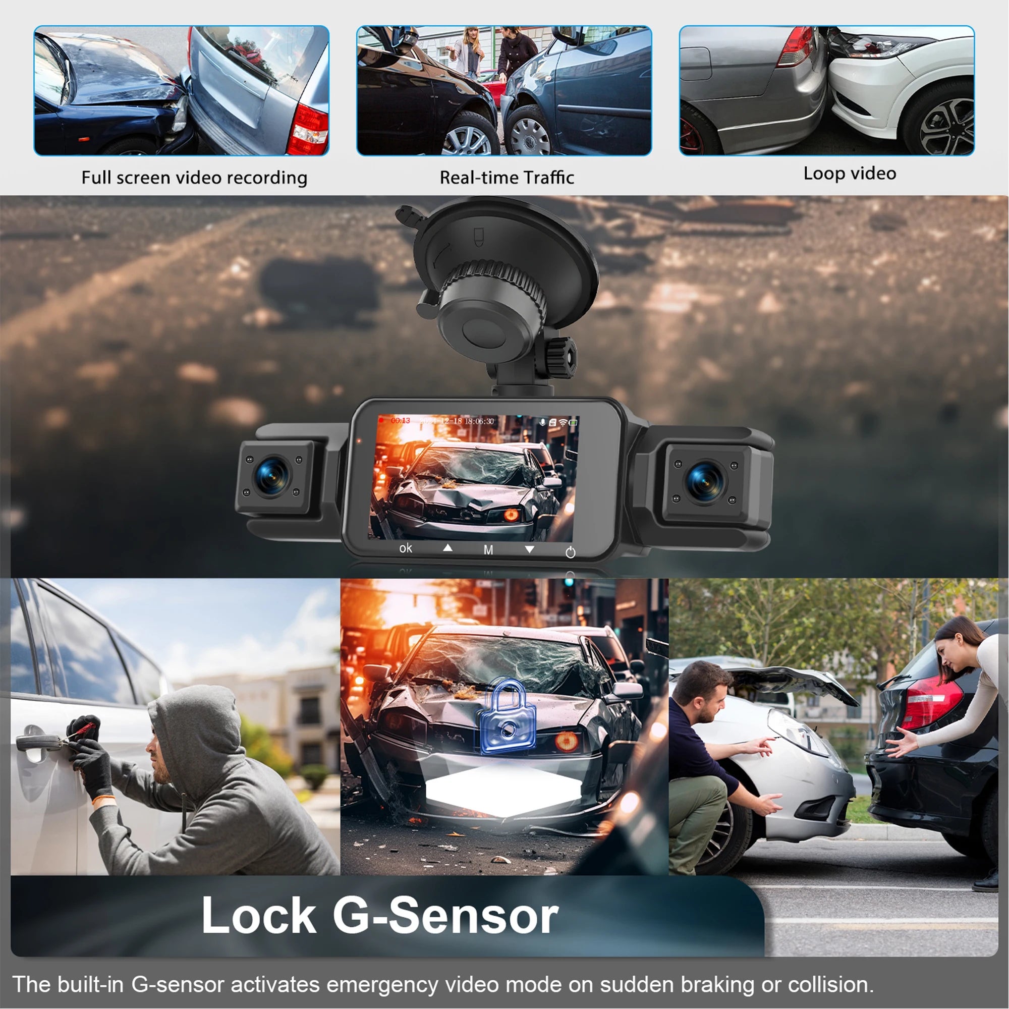 4-Channel WiFi Dashcam – FHD 1080P, Night Vision, Loop Recording, Parking Monitor | Front + Rear + Side